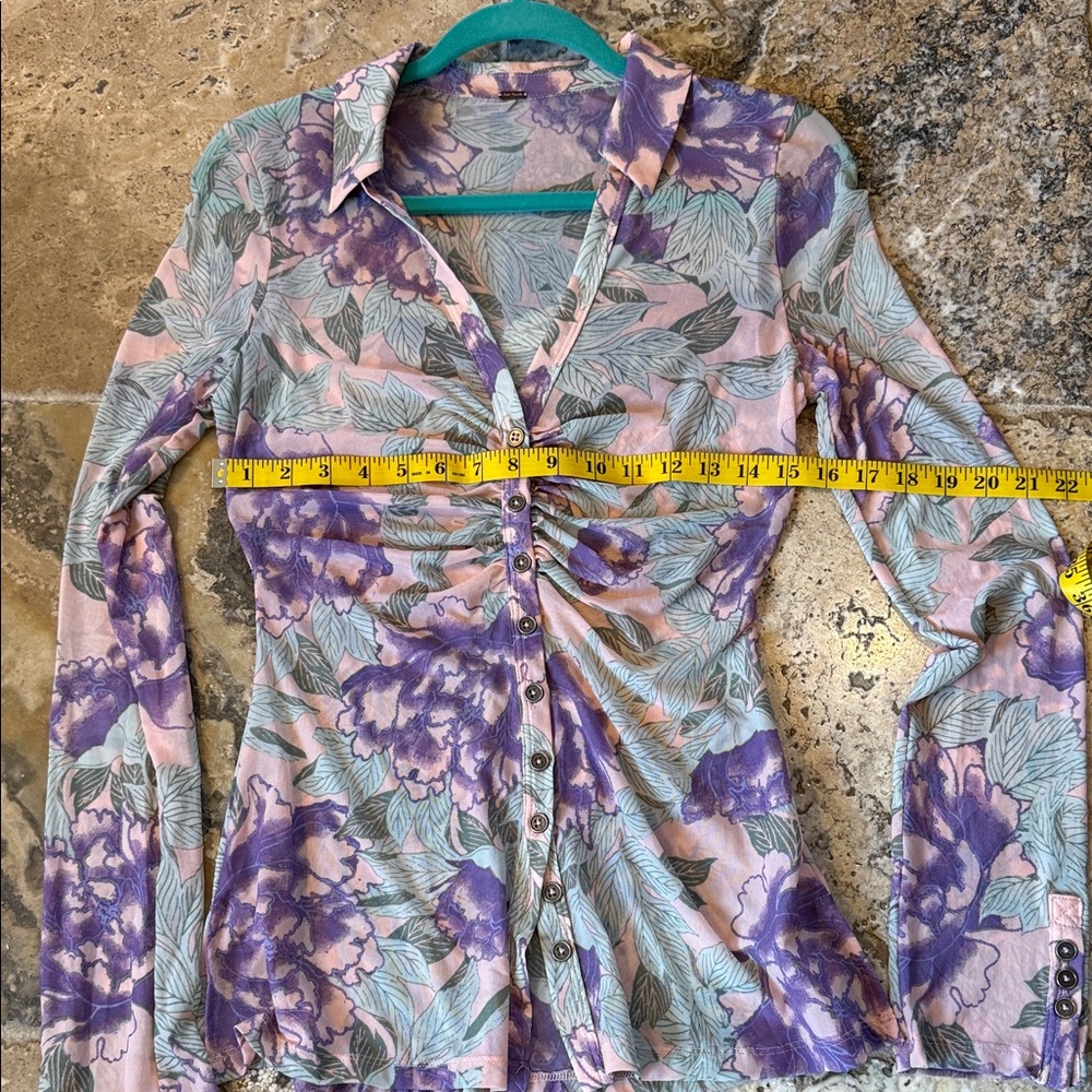 Free People Purple and Green Floral Ruched Blouse - Picture 7 of 8